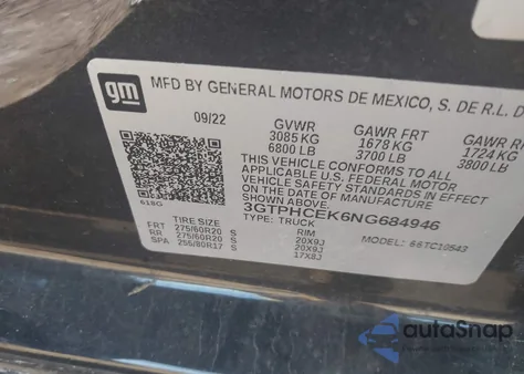 2022 GMC Sierra 1500 2Wd Short Box Elevation z USA, uszkodzony, nr VIN 3GTPHCEK6NG684946